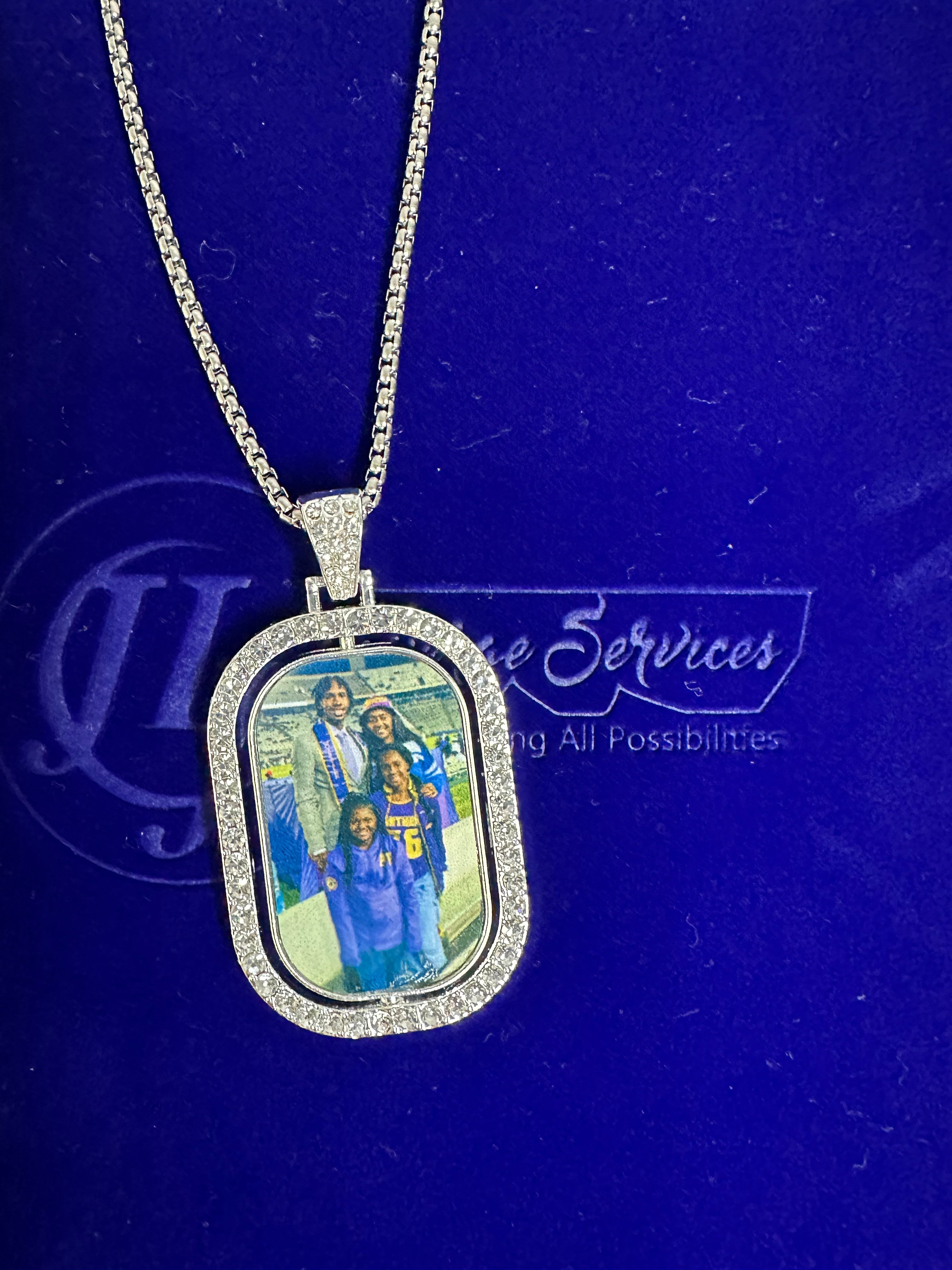 Double sided bezeled rhinestone pendant & necklace