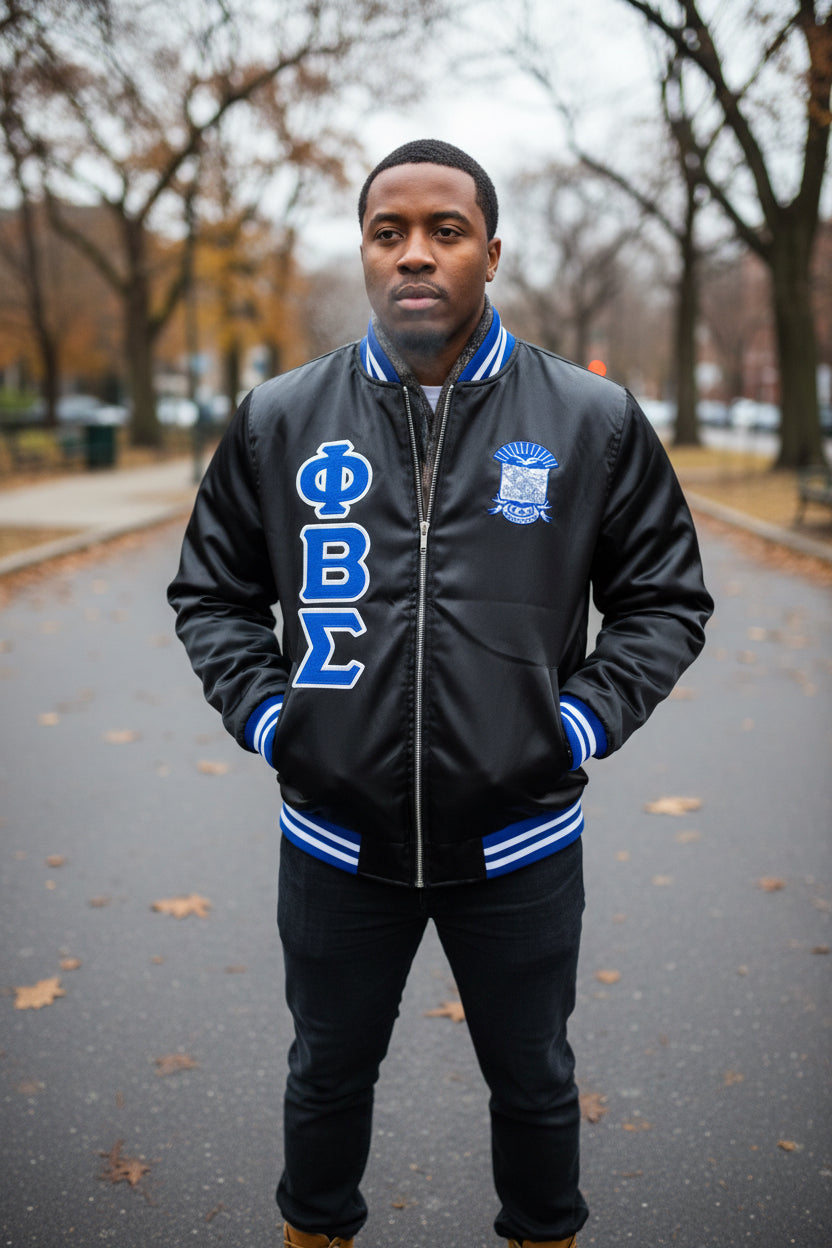 Reversible Phi Beta Sigma satin bomber jacket