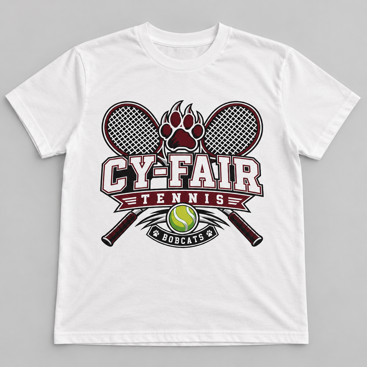 Custom Cy-Fair Tennis Bobcats shirt by JLJ on a professional studio background