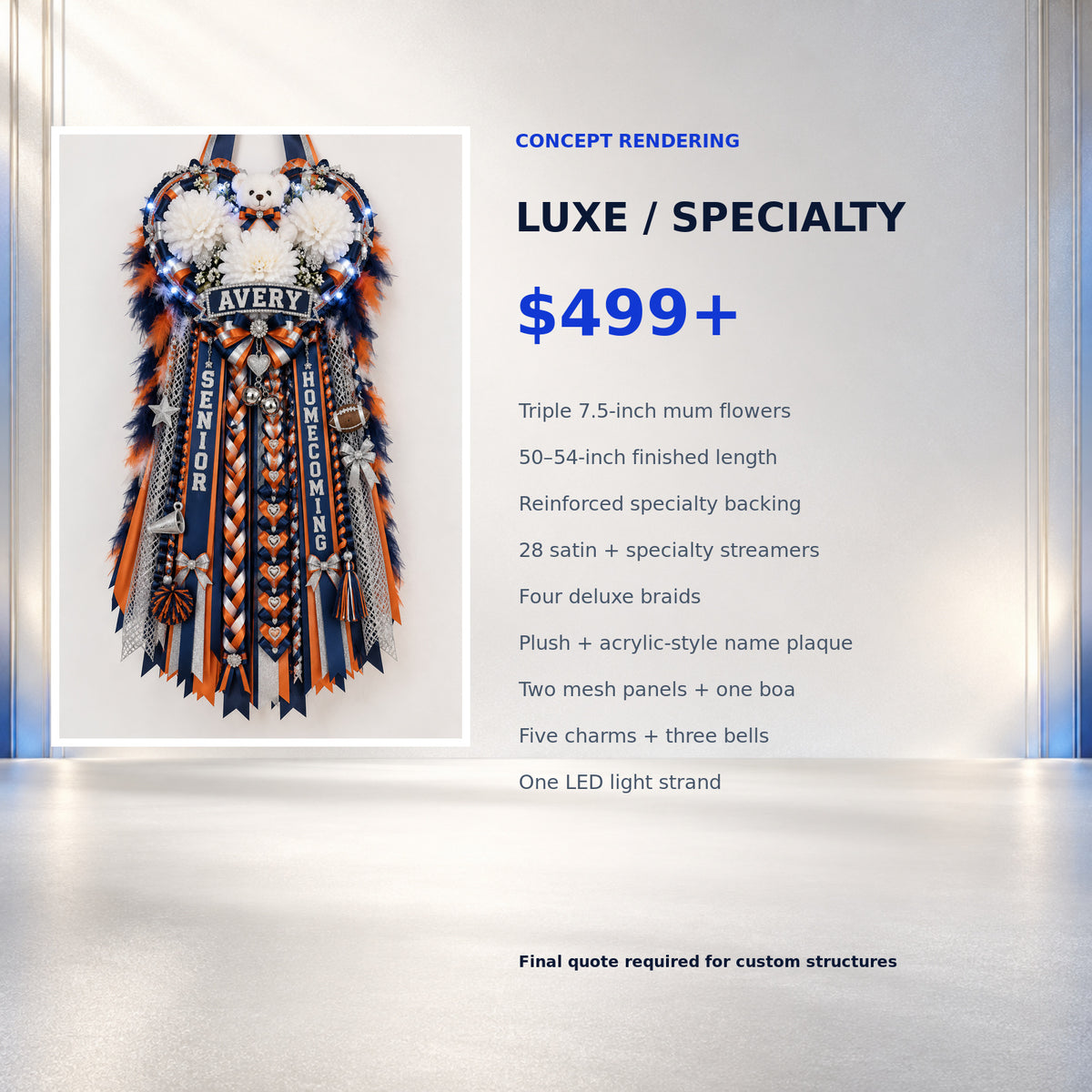 JLJ Luxe Specialty custom Texas homecoming mum concept, starting at $499