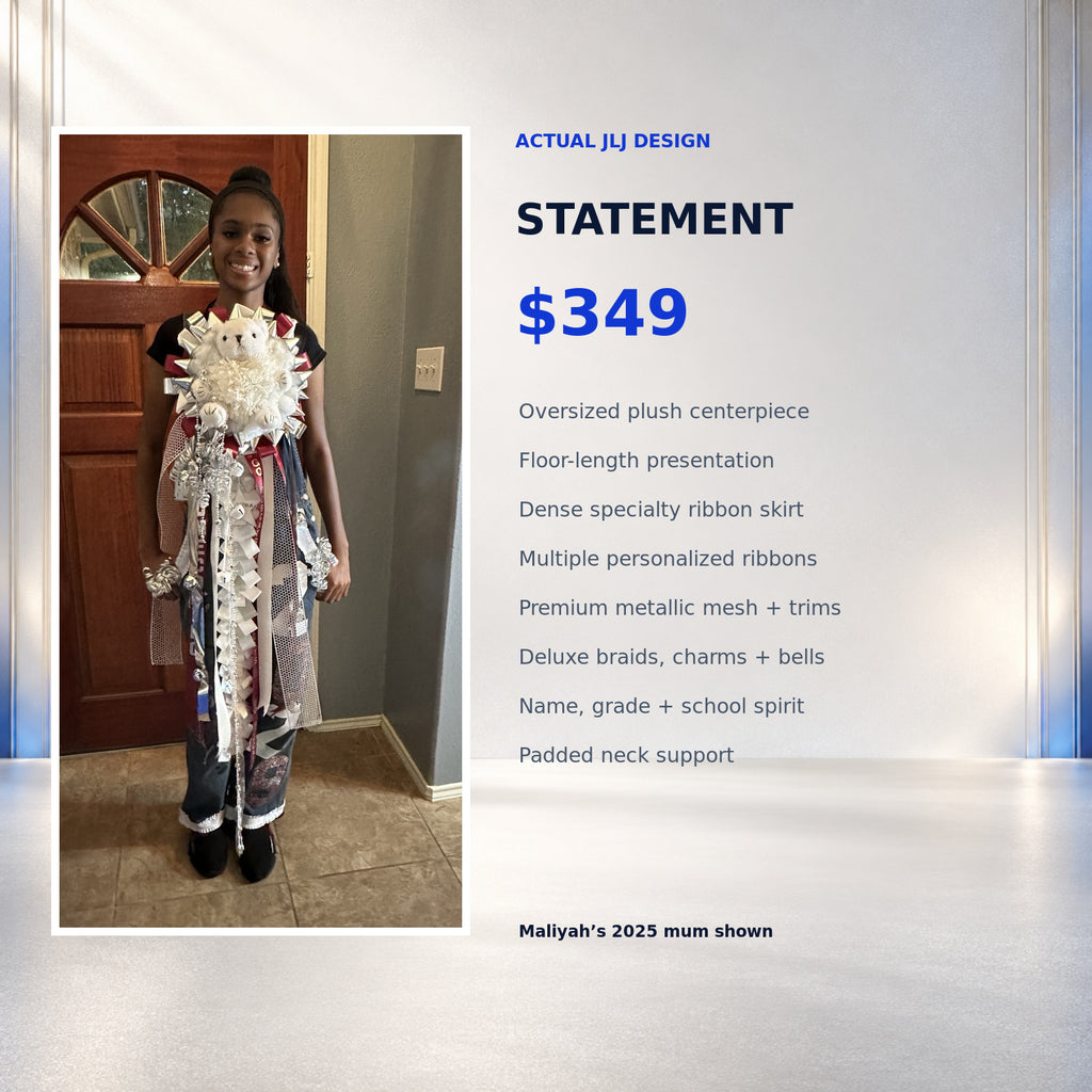Maliyah modeling an actual JLJ Statement custom Texas homecoming mum, starting at $349