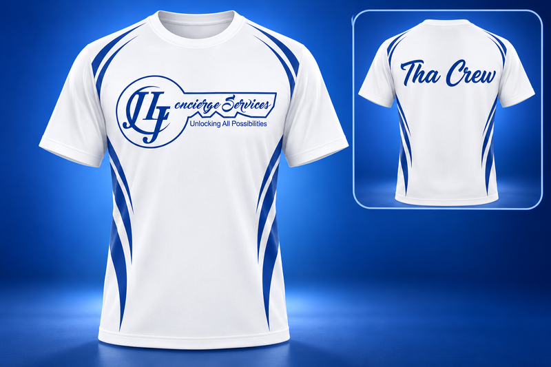 JLJ custom white shirt with royal blue front logo and Tha Crew back design