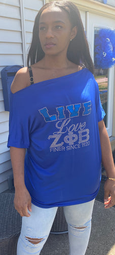 Off the shoulder Live, laugh love shirt