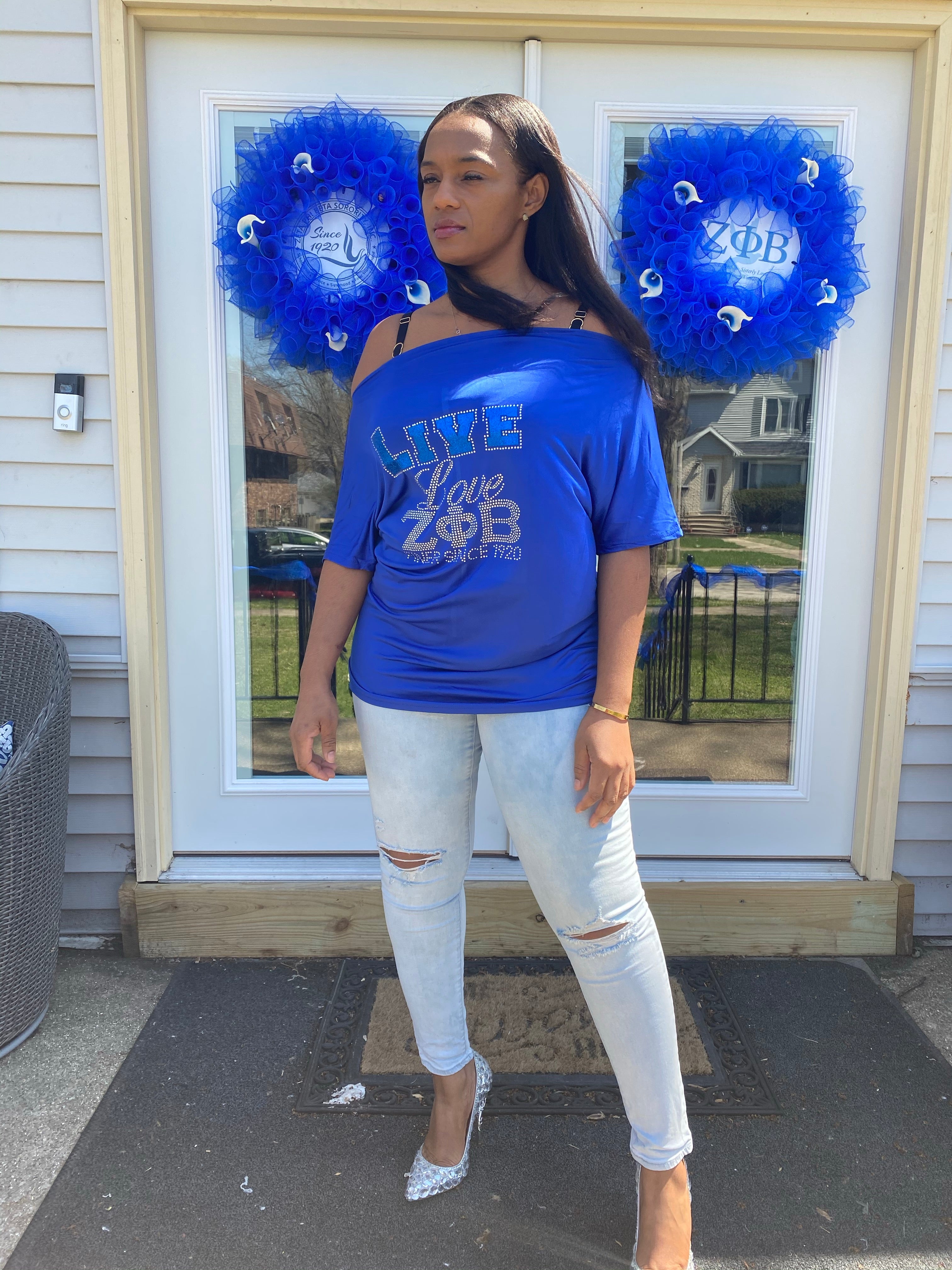 Off the shoulder Live, laugh love shirt